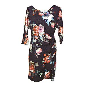 Robbie Bee Foil Floral Wrap Midi Dress Hits At Knee Black Red Teal Size PM NWT